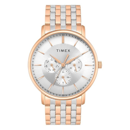 Two-tone Timex watch with rose gold and silver band on a white background