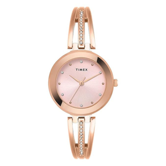 Rose gold watch with a pink face on a white background