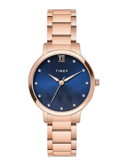 Timex watch with rose gold strap and blue dial on a white background