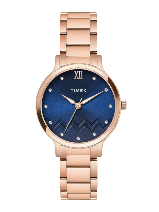 Timex watch with rose gold strap and blue dial on a white background