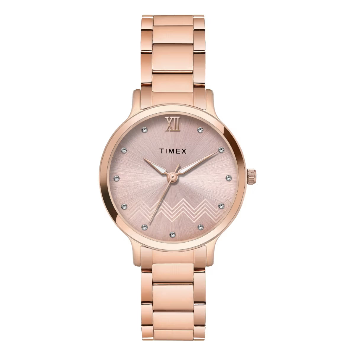 Rose gold Timex watch with a white background