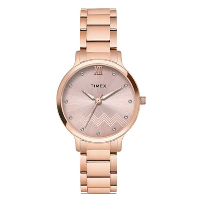 Rose gold Timex watch with a white background