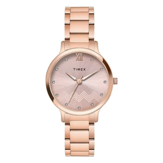 Rose gold Timex watch with a white background