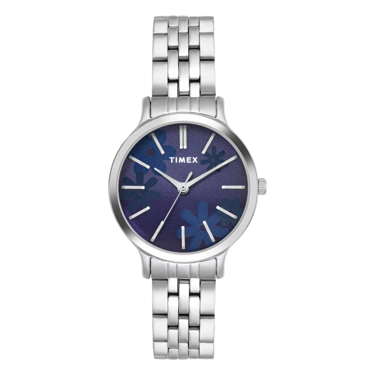 Timex watch with silver bracelet and blue dial on a white background