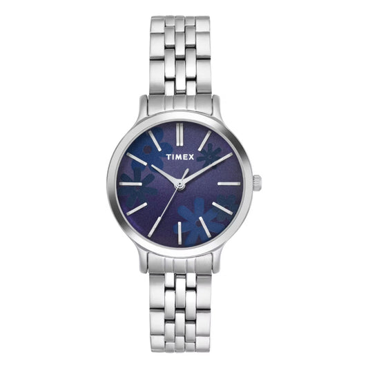Timex watch with silver bracelet and blue dial on a white background