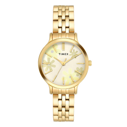 Gold Timex watch with floral design on a white background