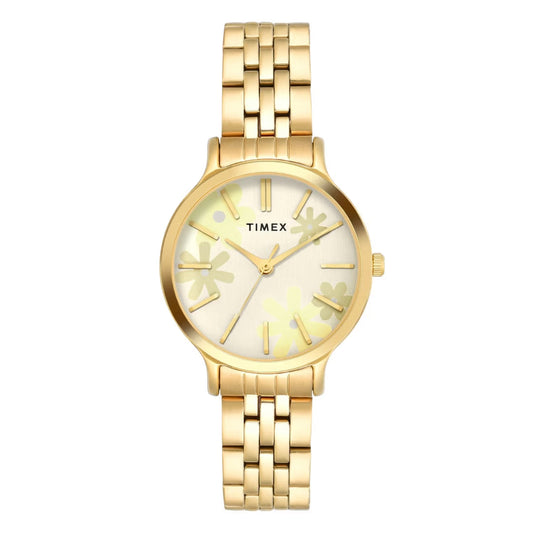 Gold Timex watch with floral design on a white background