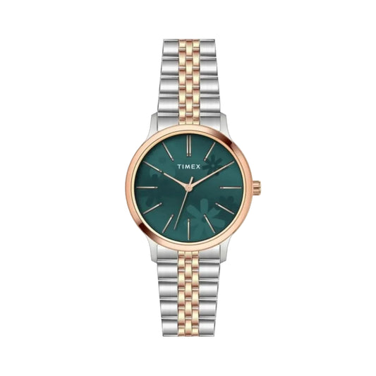 Timex watch with a two-tone metal strap on a white background