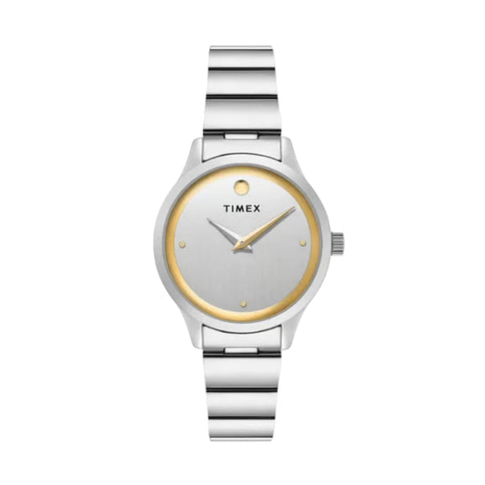 Timex watch with silver and gold design on a white background