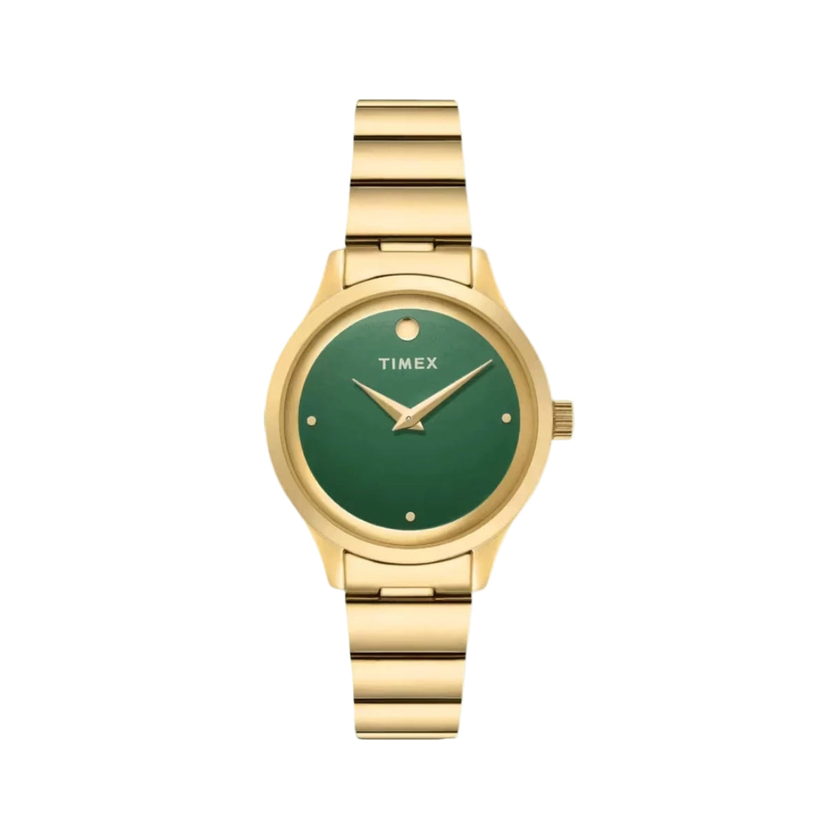 Gold watch with a green face on a white background