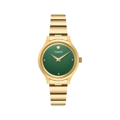 Gold watch with a green face on a white background