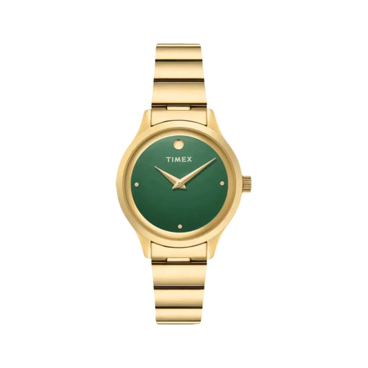 Gold watch with a green face on a white background