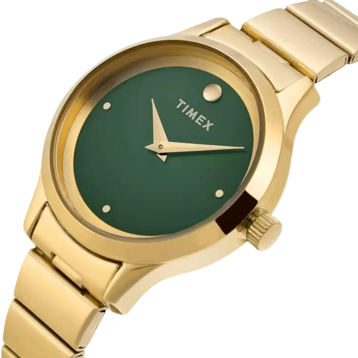 Gold Timex watch with a green face on a white background