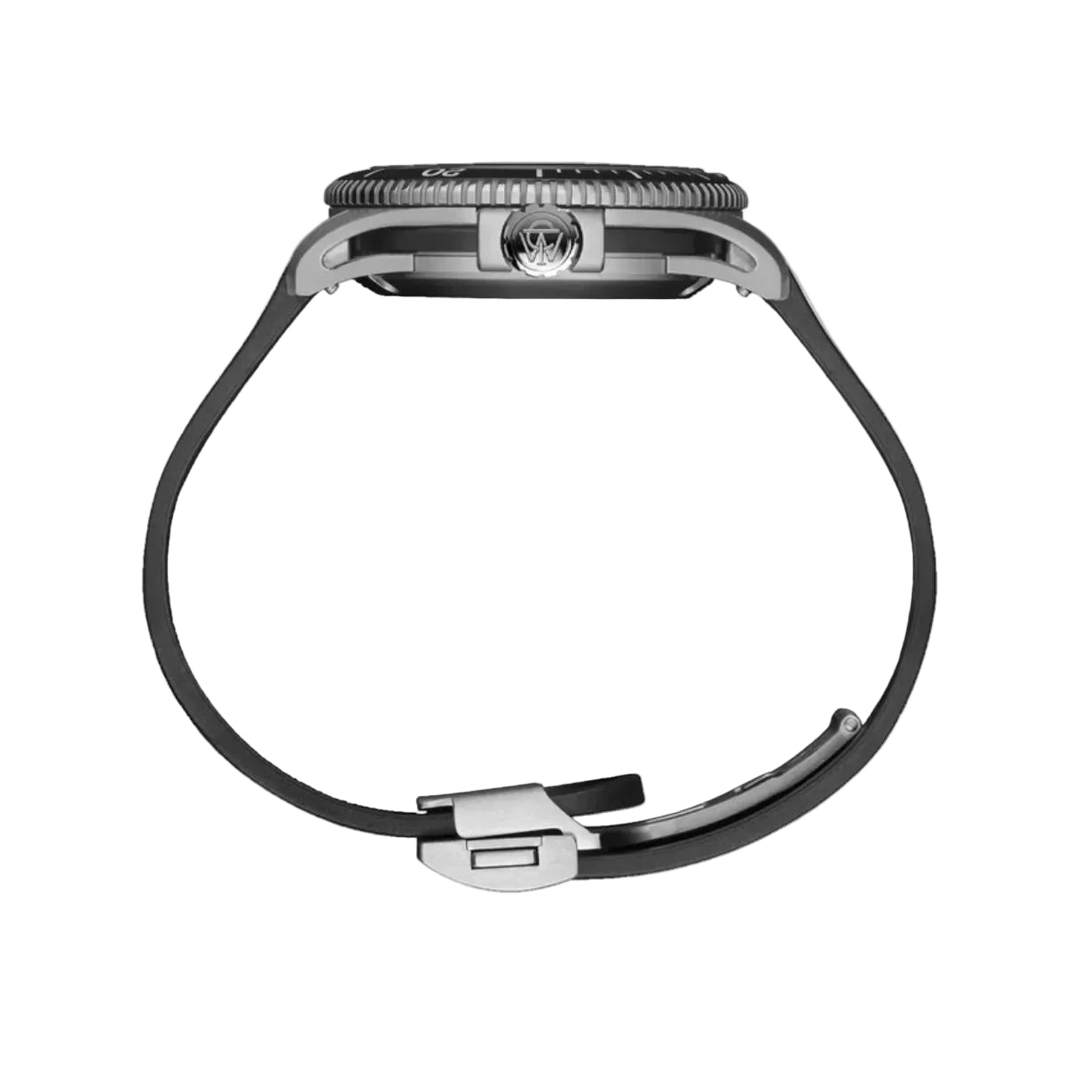 Close-up of a watch with a black strap and silver case on a white background