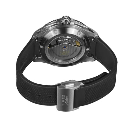 Timex watch with black strap and visible brand logo on a white background