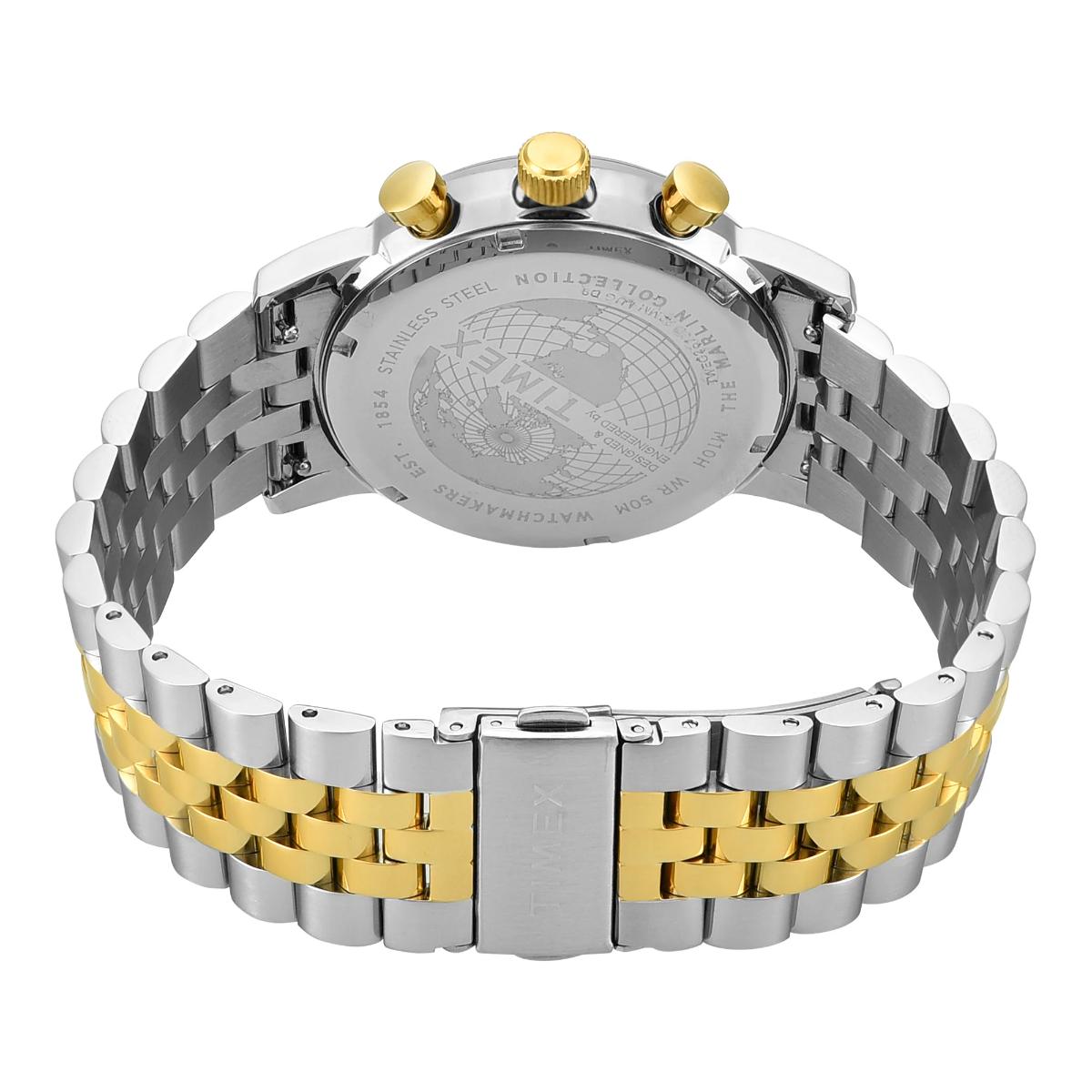 Two-tone silver and gold watch on a white background