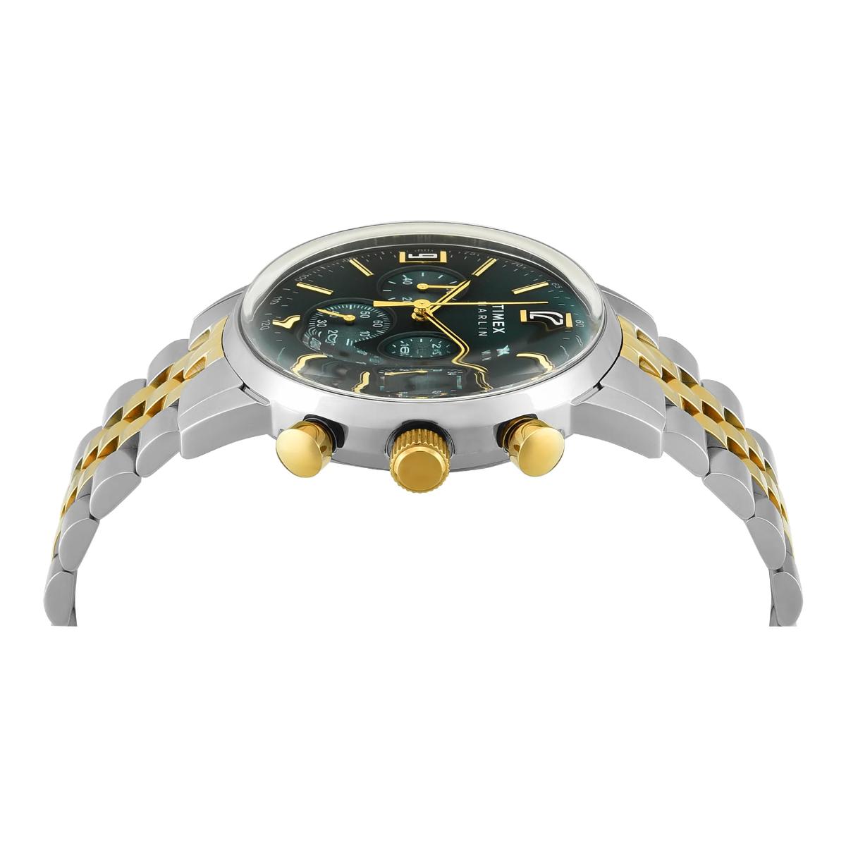 Wristwatch with silver and gold band on a white background