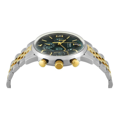 Wristwatch with silver and gold band on a white background