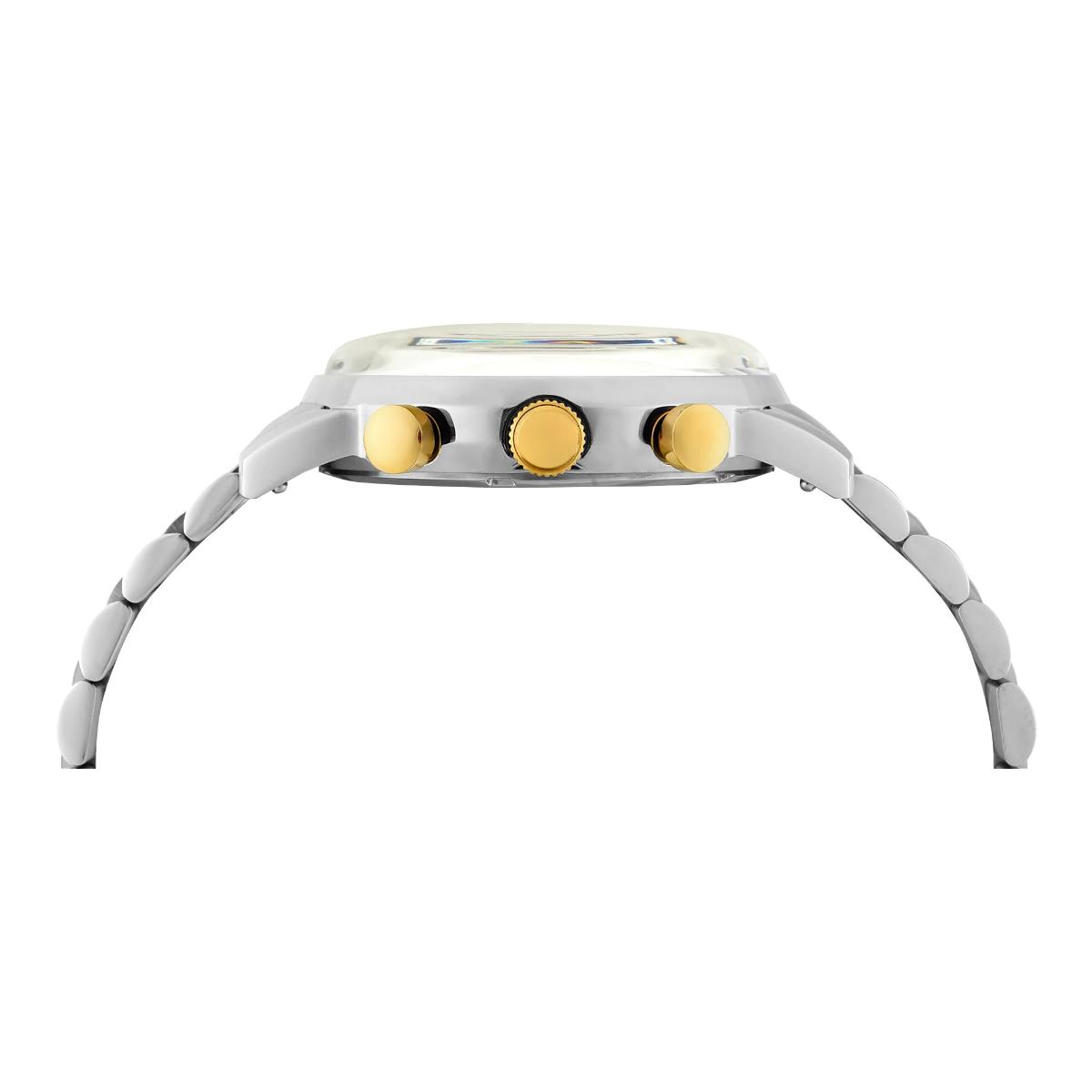 Close-up of a watch with a white strap and gold buttons on a white background