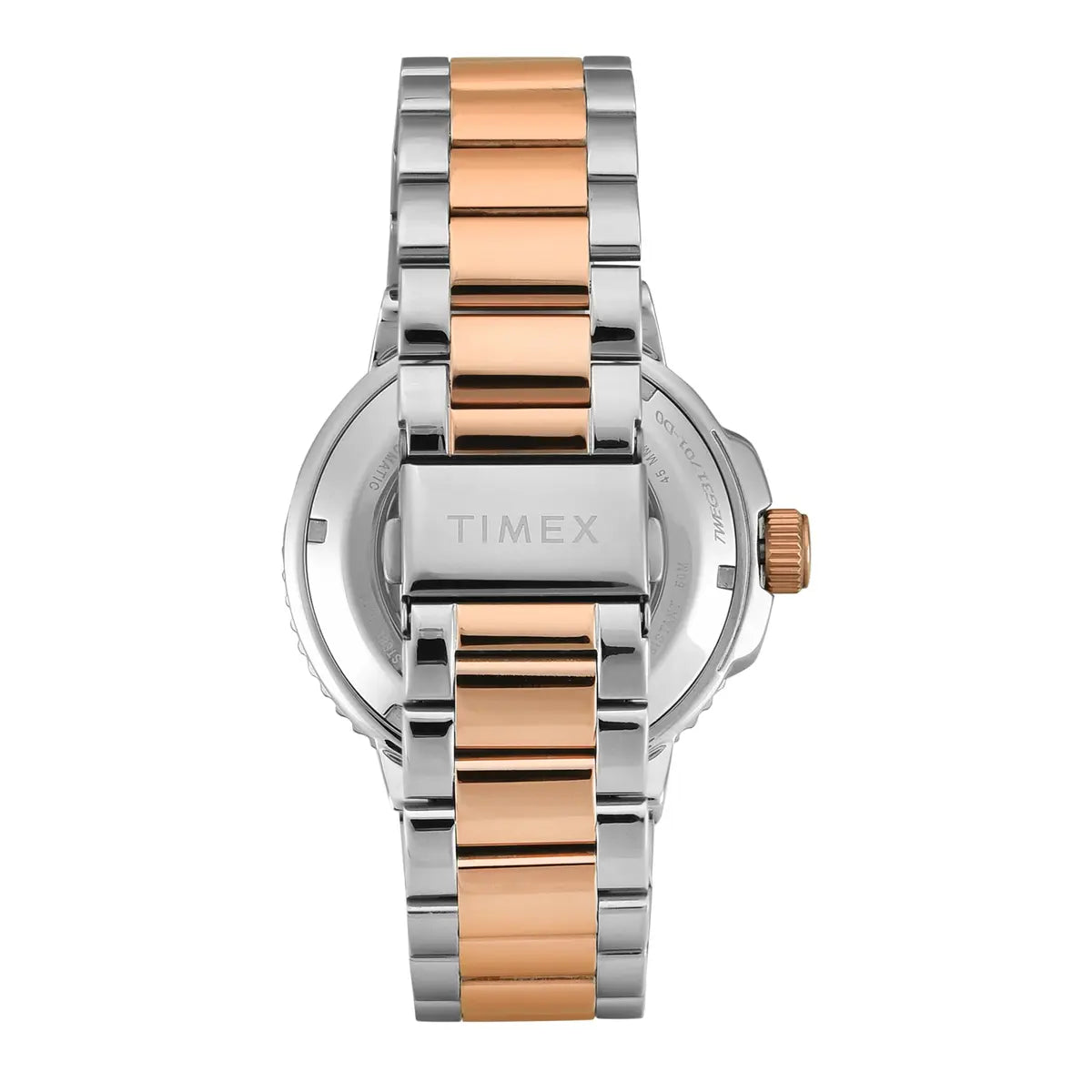 Timex watch with two-tone rose gold and silver band on white background