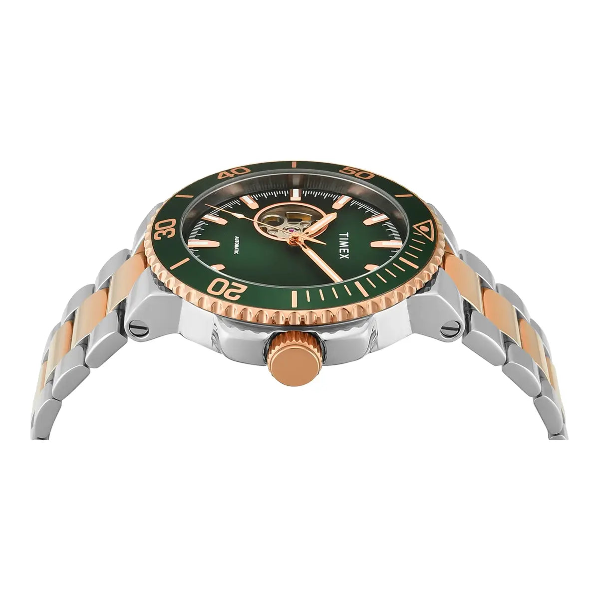 Timex watch with green face and rose gold accents on a white background