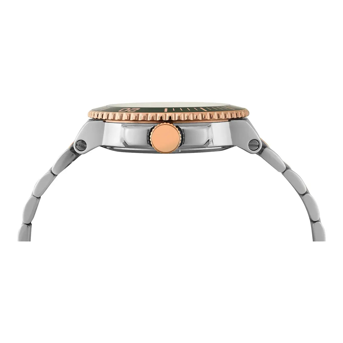 Watch with rose gold and silver design on a white background