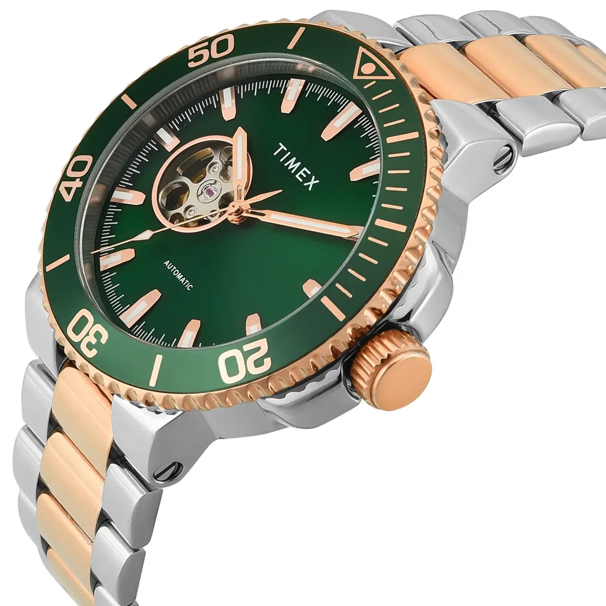 Timex watch with green face and rose gold accents on a white background