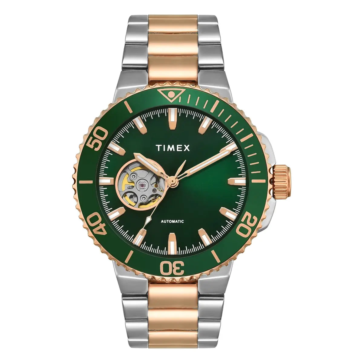 Timex watch with green face and two-tone metal band on white background