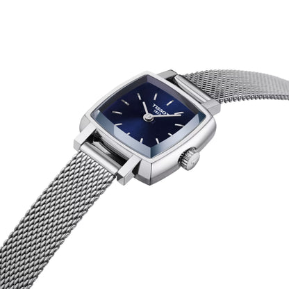 Silver watch with blue face on a white background