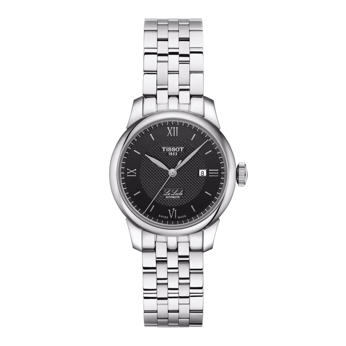 A Tissot Le Locle Lady Automatic Analog Watch for Women with a silver bracelet and a black dial featuring Roman numerals.