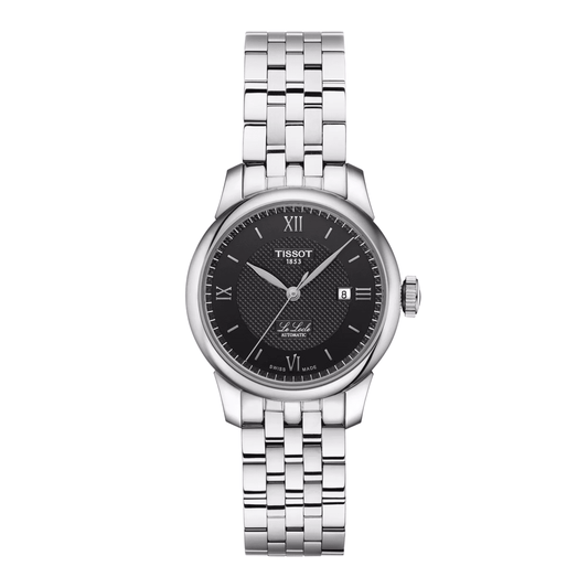 A Tissot Le Locle Lady Automatic Analog Watch for Women with a silver bracelet and a black dial featuring Roman numerals.