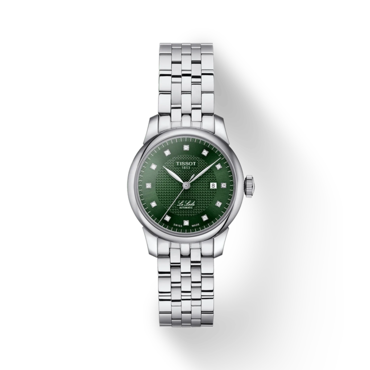 Tissot watch with green dial and silver bracelet on a white background