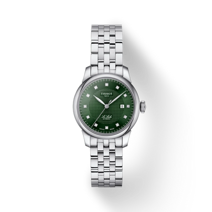 Tissot watch with green dial and silver bracelet on a white background