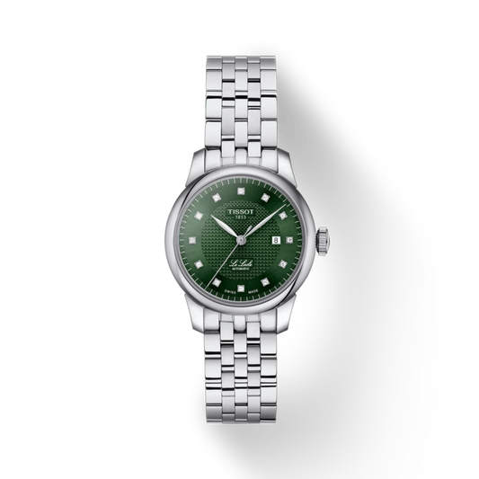 Tissot watch with green dial and silver bracelet on a white background
