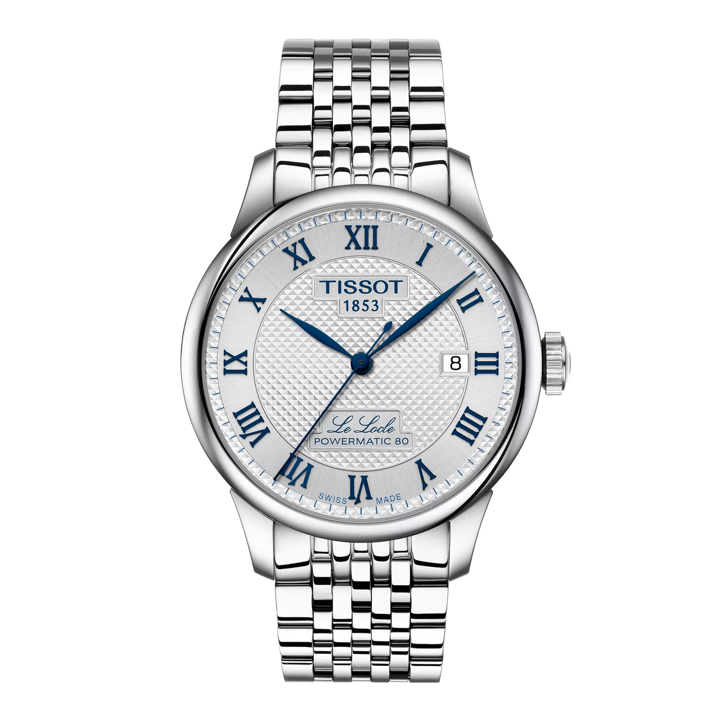 A Tissot Le Locle Powermatic 80 automatic watch for men with a stainless steel bracelet and a silver dial featuring Roman numerals.