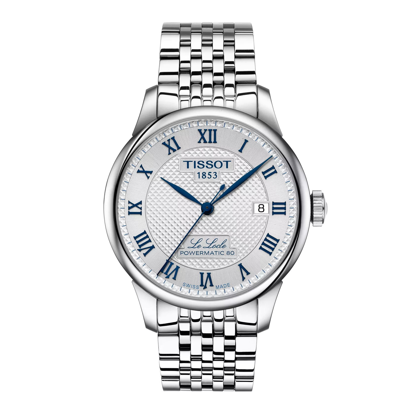 A Tissot Le Locle Powermatic 80 automatic watch for men with a stainless steel bracelet and a silver dial featuring Roman numerals.