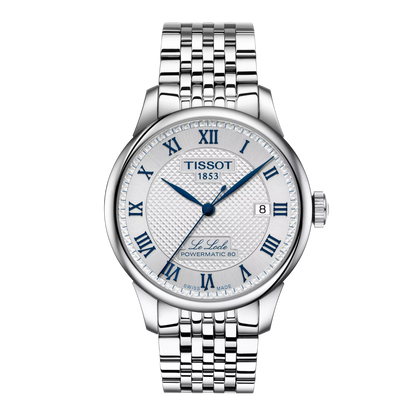 A Tissot Le Locle Powermatic 80 automatic watch for men with a stainless steel bracelet and a silver dial featuring Roman numerals.
