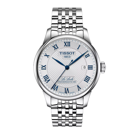 A Tissot Le Locle Powermatic 80 automatic watch for men with a stainless steel bracelet and a silver dial featuring Roman numerals.