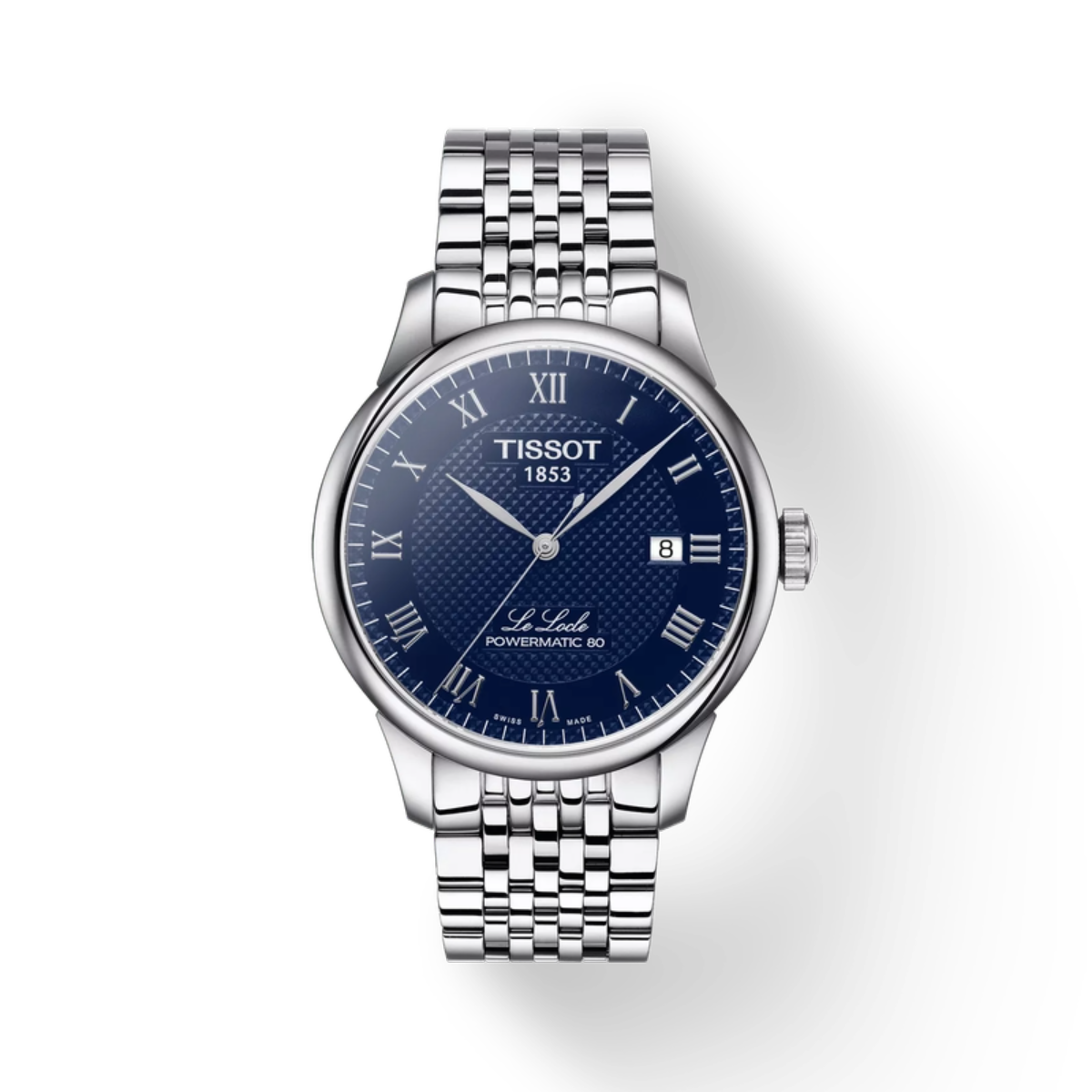 Tissot watch with silver bracelet and blue dial on a white background