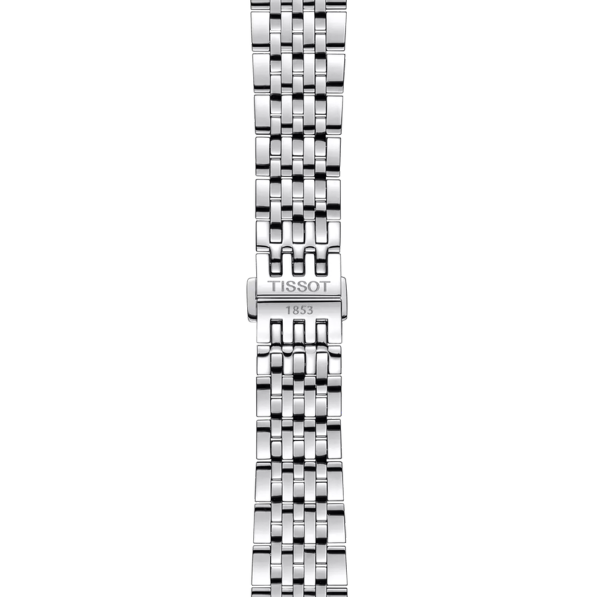 Silver watch strap with Tissot logo on a white background
