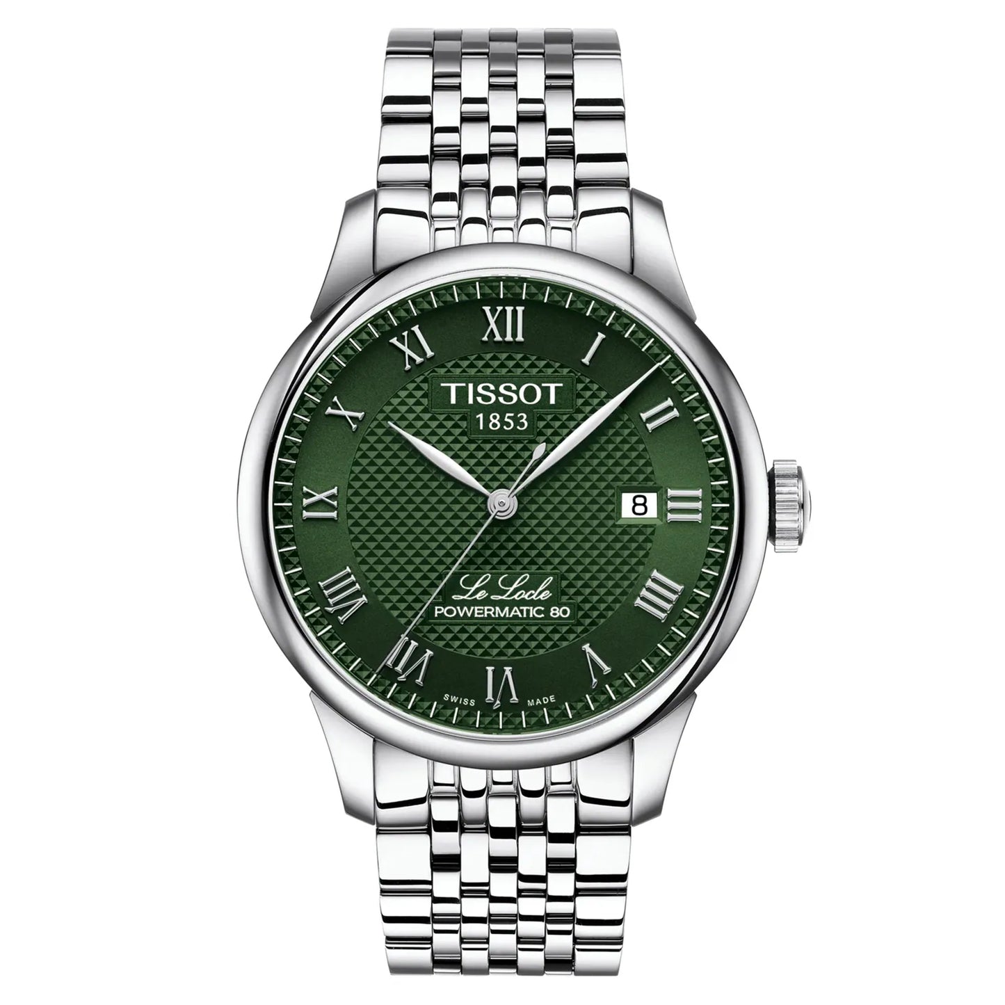 A Tissot Le Locle Powermatic 80 watch with a green dial and a stainless steel bracelet.