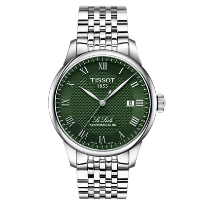 A Tissot Le Locle Powermatic 80 watch with a green dial and a stainless steel bracelet.