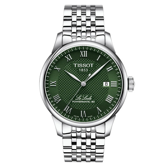 A Tissot Le Locle Powermatic 80 watch with a green dial and a stainless steel bracelet.