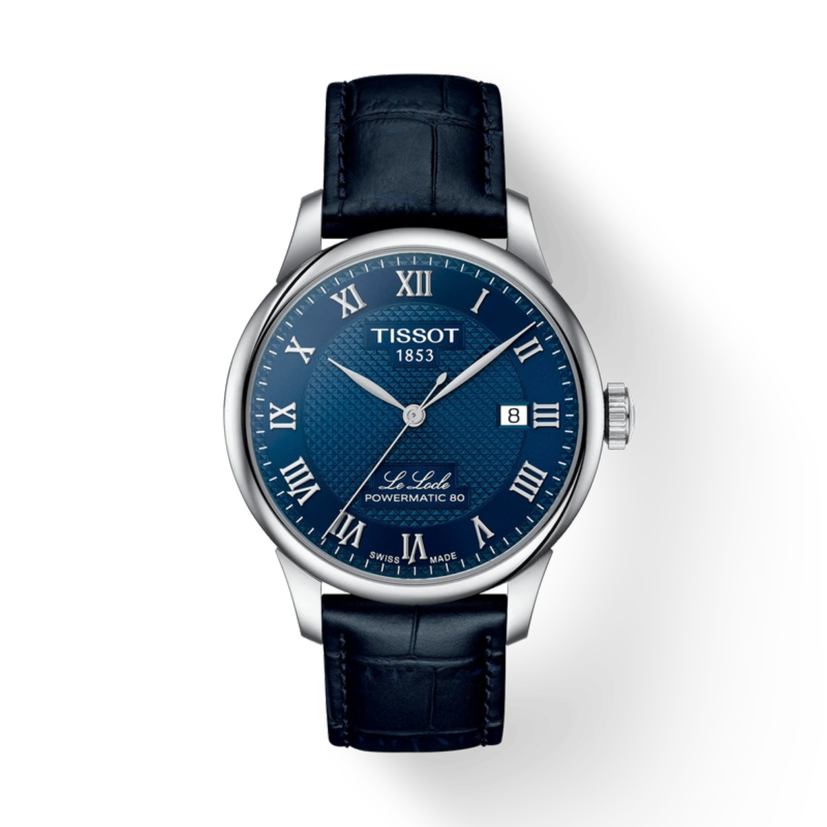 Tissot watch with blue face and black leather strap on a white background