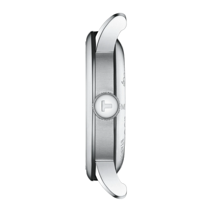 Silver watch strap on a white background