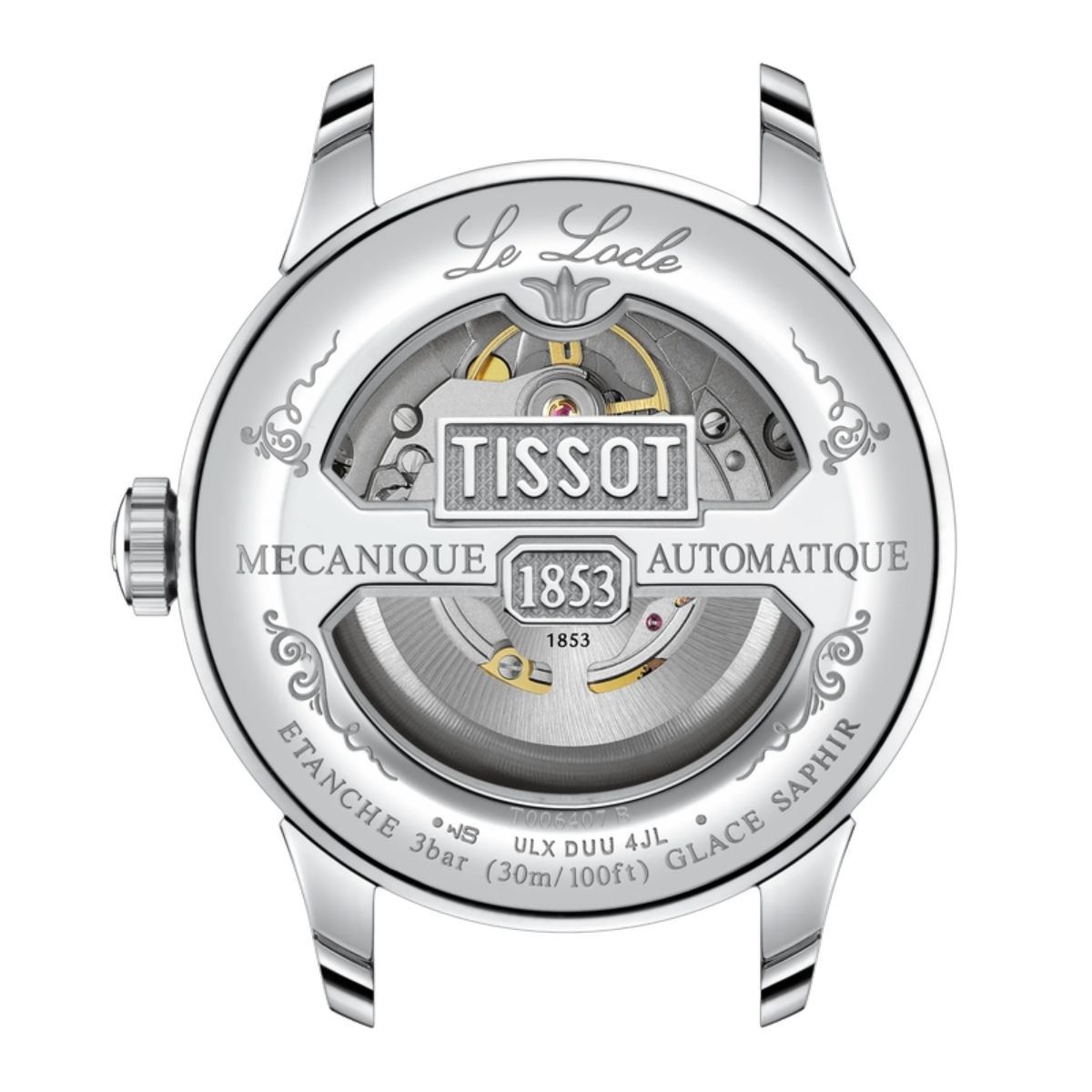 Tissot watch face with brand name and model details on a white background