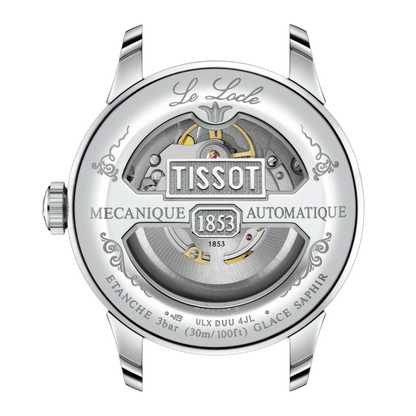 Tissot watch face with brand name and model details on a white background