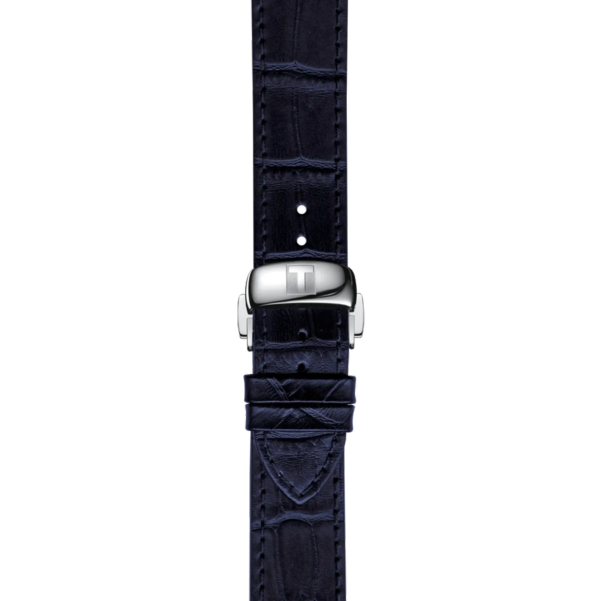 Navy blue crocodile-patterned watch strap with silver buckle on a white background