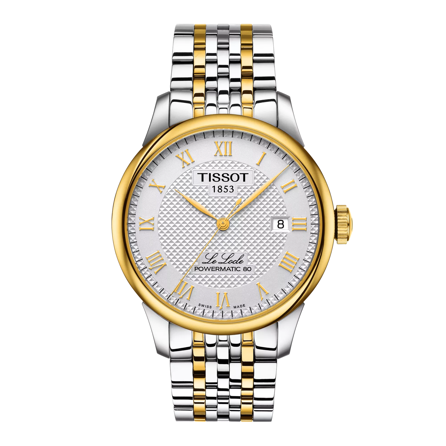 A Tissot Le Locle Powermatic 80 watch with a two-tone gold and silver bracelet and a silver dial with Roman numerals.