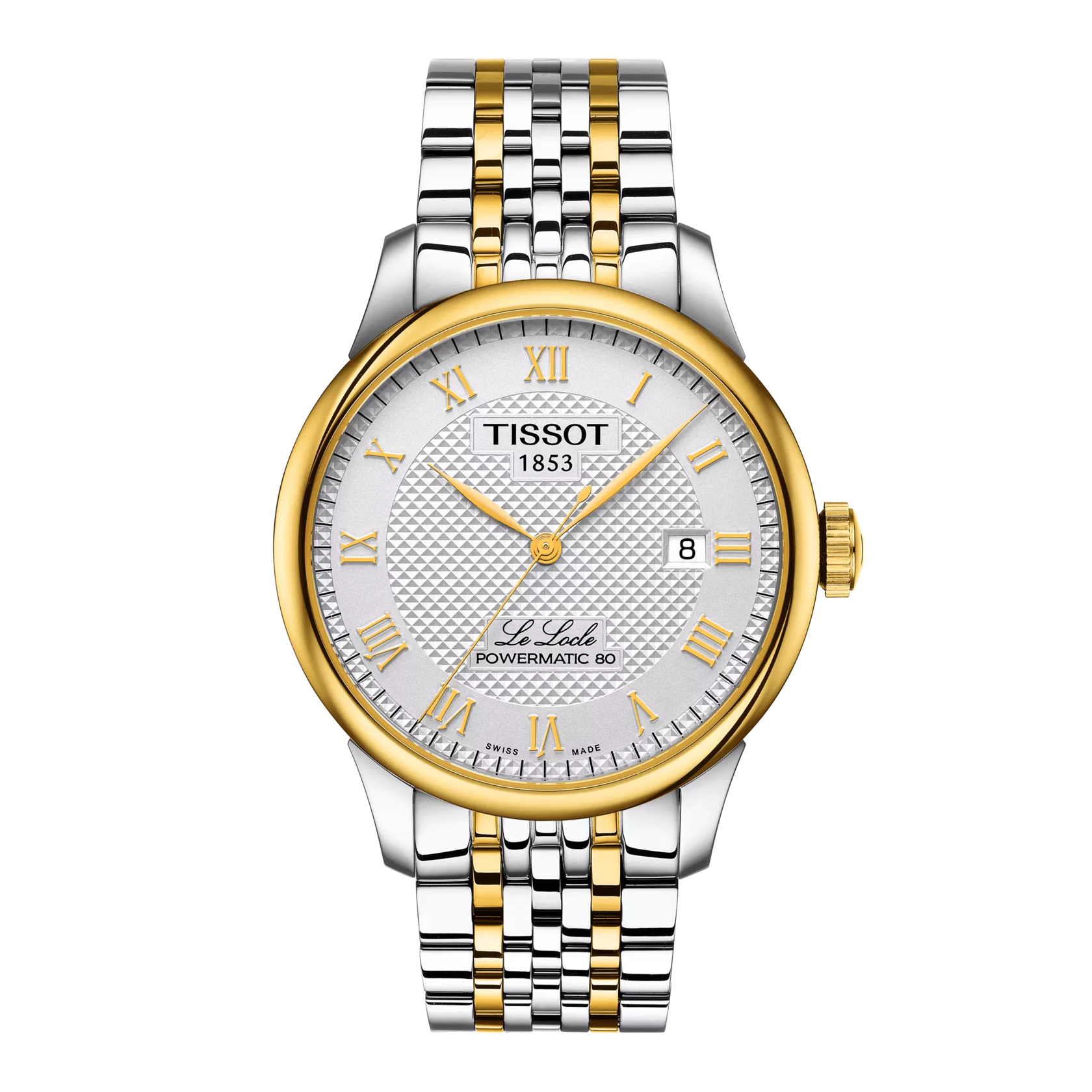 A Tissot Le Locle Powermatic 80 watch with a two-tone gold and silver bracelet and a silver dial with Roman numerals.
